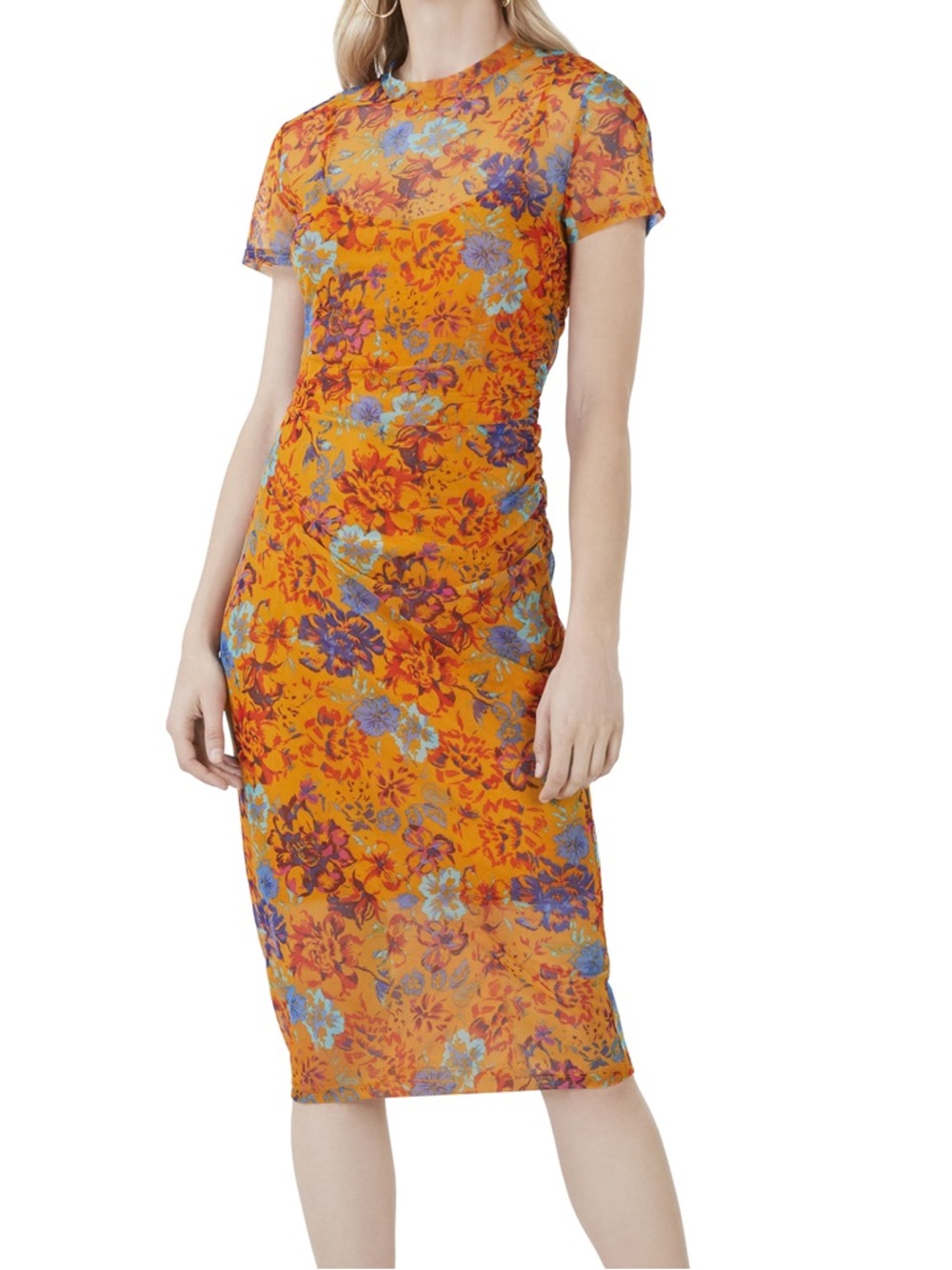 BCBGMaxAzria Short-Sleeve Floral Print Shirt in Mustard Yellow and Blue